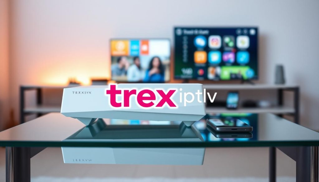 A modern, sleek IPTV device sits atop a minimalist glass table, its angular lines and crisp white finish reflecting the clean, contemporary design. Subtle ambient lighting from behind casts a warm glow, highlighting the device's intuitive controls and connections. In the foreground, the sltv iptv logo stands out, its bold typography and vibrant color palette commanding attention. The middle ground features an array of compatible devices - smart TVs, smartphones, and tablets - seamlessly connected to the IPTV system, showcasing its versatility. The background blurs into a soft, neutral tone, allowing the focus to remain on the central device and its ecosystem.